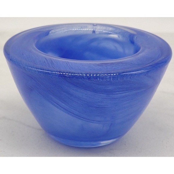Hand Blown Cobalt Blue Swirl Art Glass Round Votive Candle Holder - Picture 12 of 14